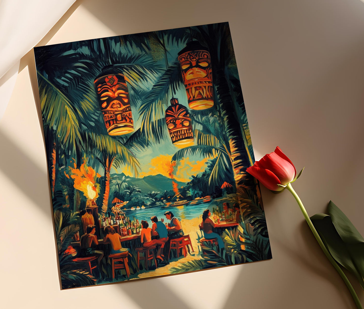 Affiche Vintage Tiki Bar – Imprimé Art avec Flambeaux et Clients