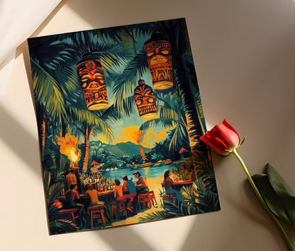 Affiche Vintage Tiki Bar – Imprimé Art avec Flambeaux et Clients