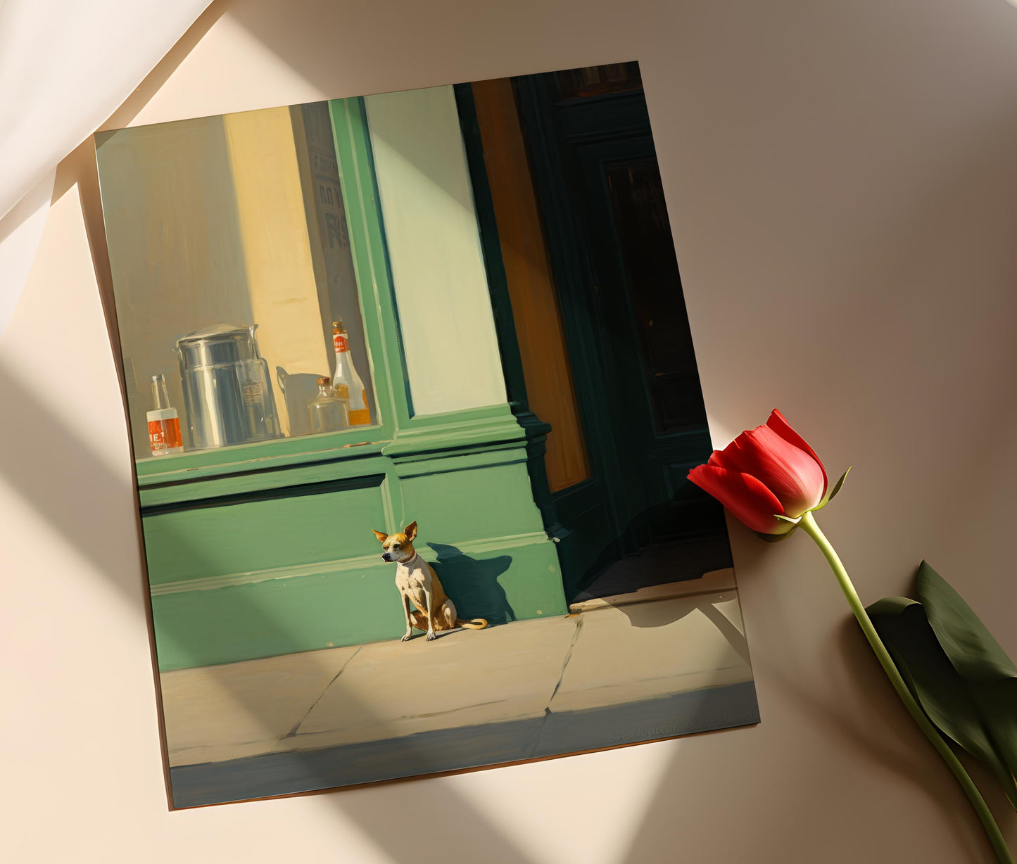 Affiche Petit Chien et Boutique – Impression Scène de Rue Inspirée d’Edward Hopper
