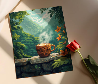 Affiche Chocolat Chaud à Copán – Art Héritage Maya, Scène de Jungle