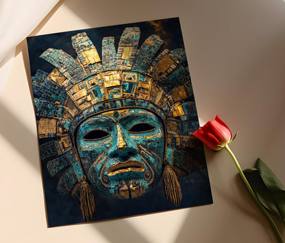 Affiche Masque Cérémonial Aztèque – Impression Art, Détails Or et Turquoise