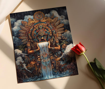 Affiche Tlaloc – Art print du Dieu de la pluie avec nuages et symboles de fertilité