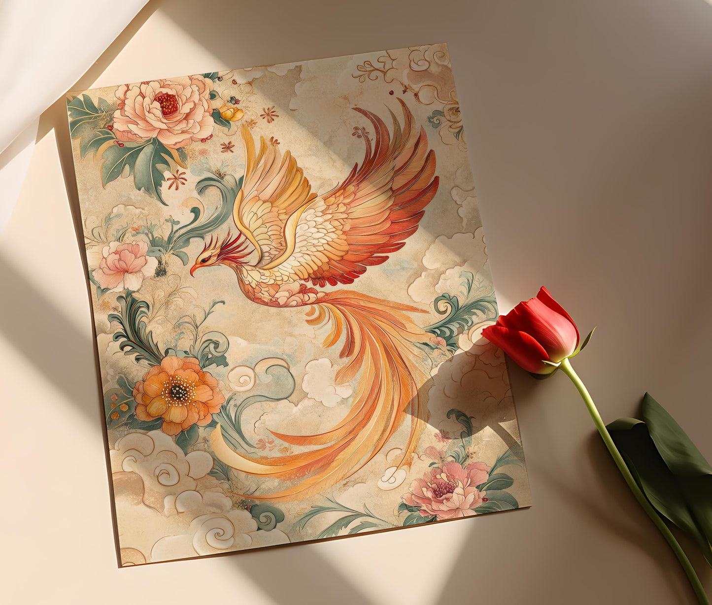 Affiche Chinoiserie - Impression Art Phoenix, Design de Plumes Vibrantes