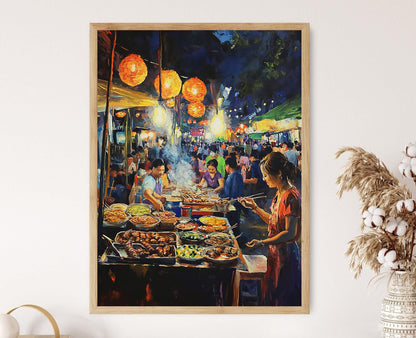 Affiche Cuisine de Rue Malaisienne – Poster Grillades Sizzling, Marché Nocturne