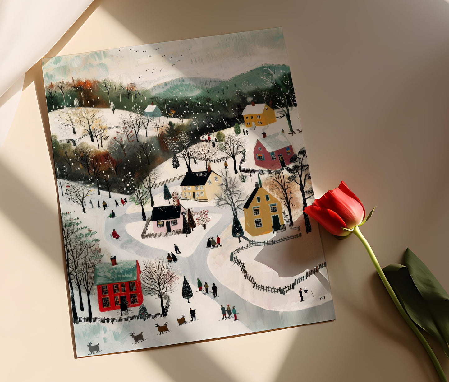 Affiche Village Hivernal Fantaisiste – Impression Inspirée par Grandma Moses