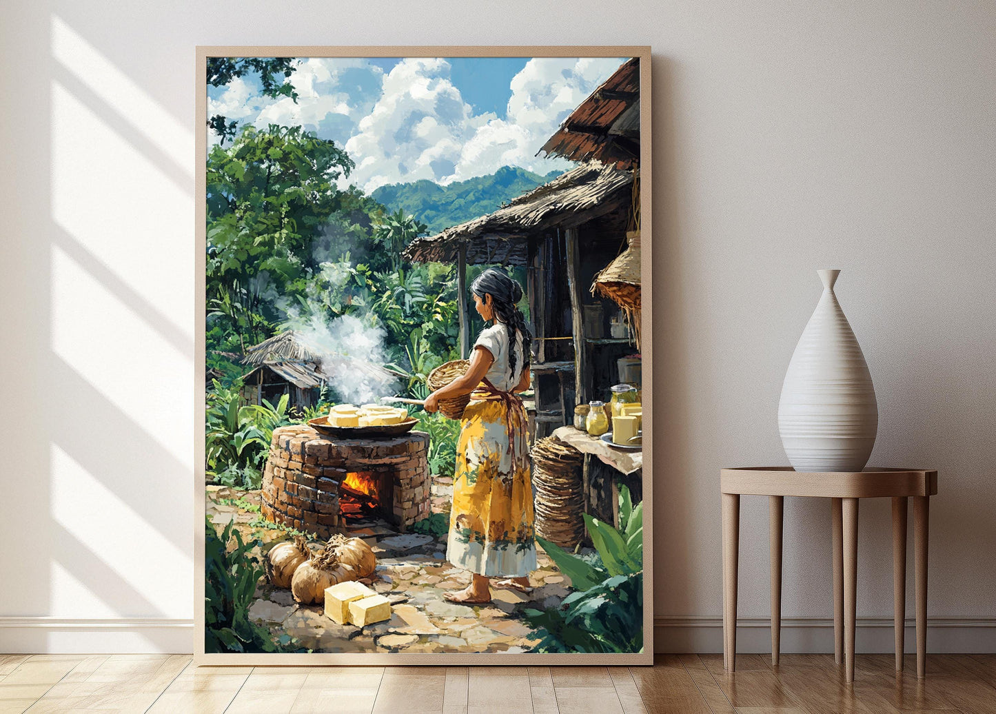 Affiche Femme Paraguayenne Cuisinant Chipa – Art de Four Extérieur Rustic