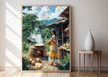 Affiche Femme Paraguayenne Cuisinant Chipa – Art de Four Extérieur Rustic