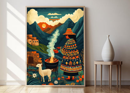Affiche Femme Péruvienne – Illustration de la cuisson du Cuy en plein air