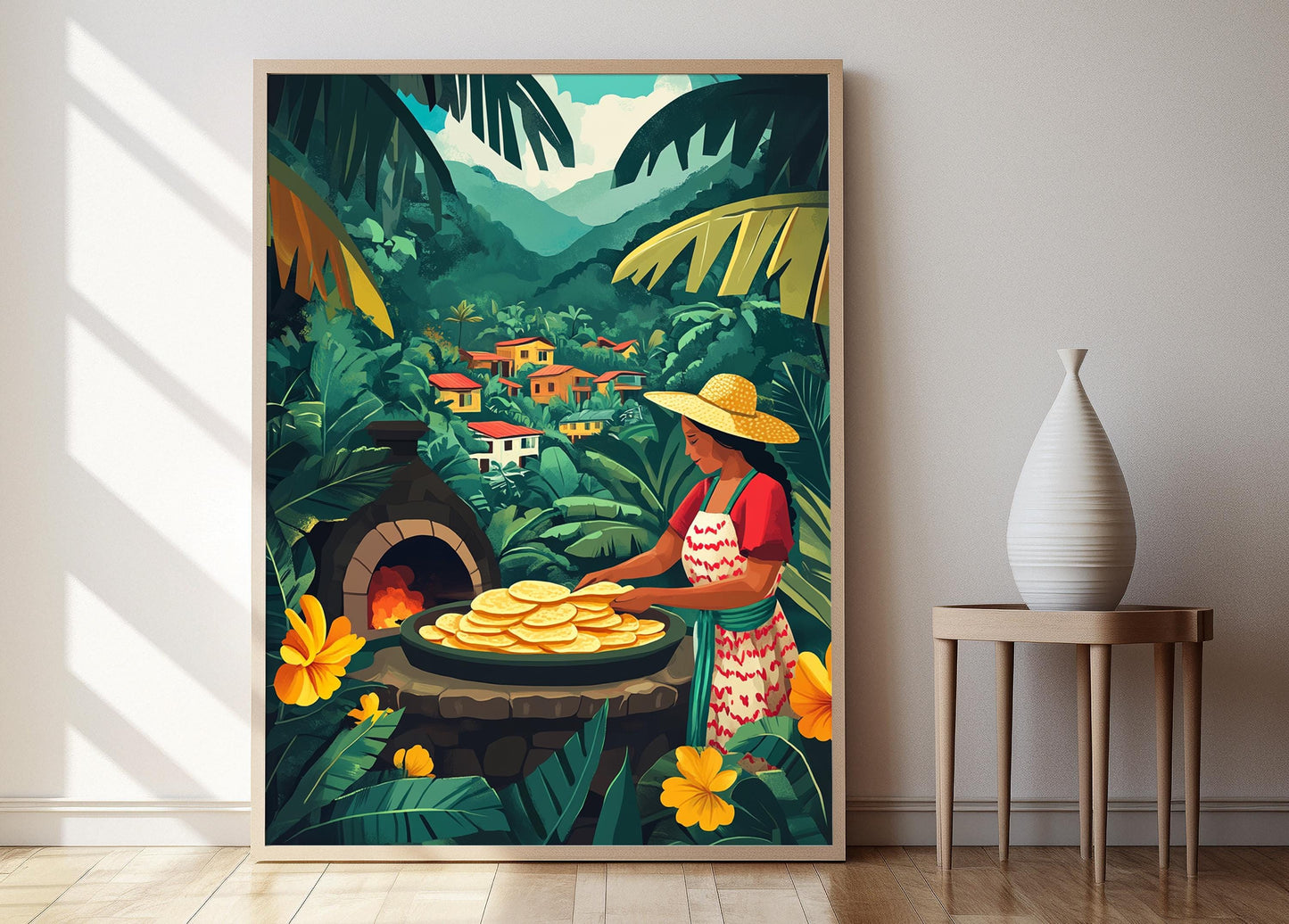 Affiche Femme Costa Ricaine – Illustration d'un Village Tropical