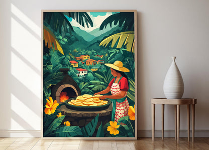 Affiche Femme Costa Ricaine – Illustration d'un Village Tropical