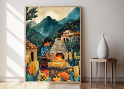 Affiche Femme Guatémaltèque Cuisson de Tamales – Art Traditionnel Villageois