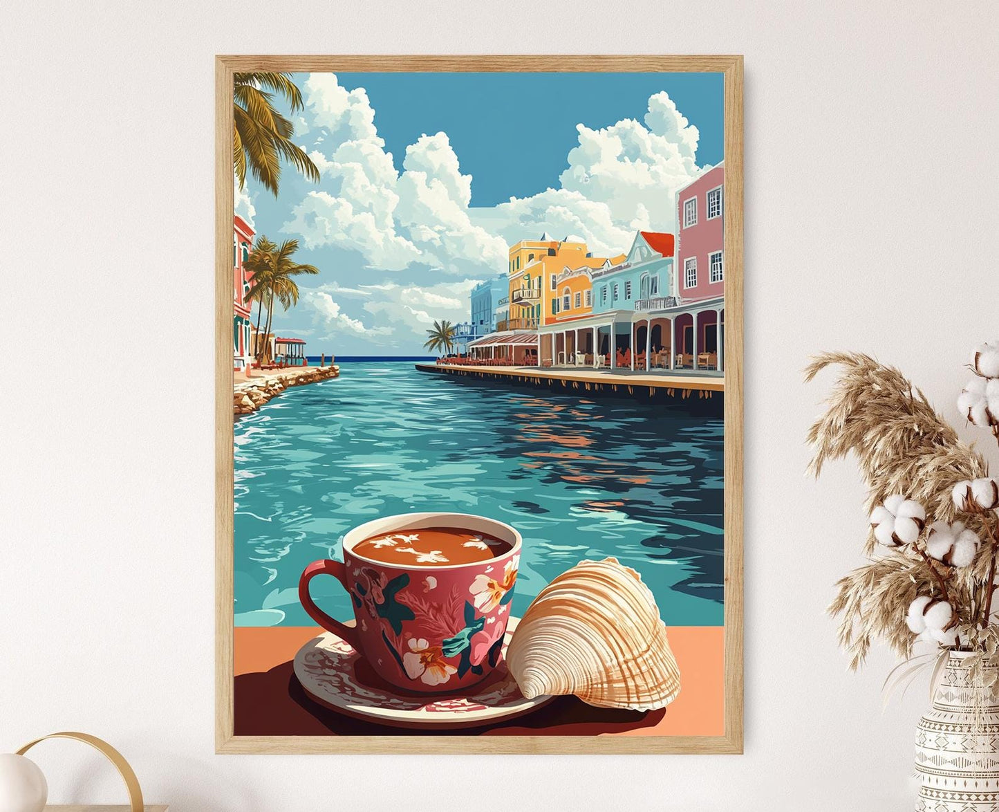Affiche Chocolat Chaud à Nassau – Poster Scène Côtière Bahamienne
