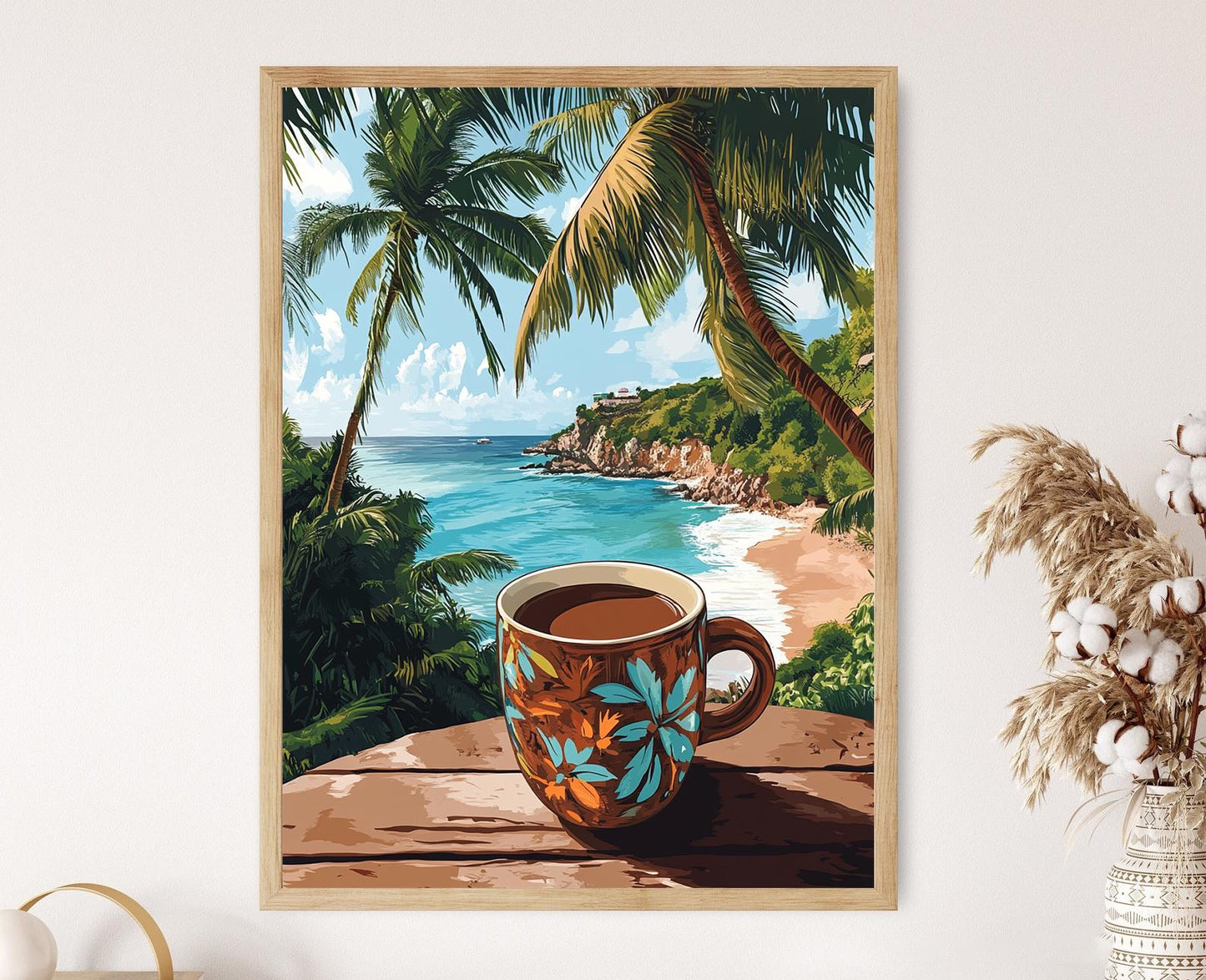Affiche Scène de Chocolat Chaud à Bridgetown – Poster Art Côtière Tropicale