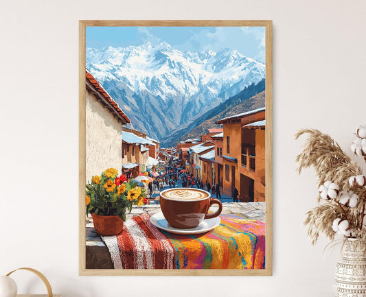 Affiche Chocolat Chaud à La Paz – Art Décoratif Montagne Taza et Aguayo