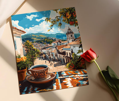 Affiche Chocolat en Taza – Poster Art Héritage Andin, Vue de la Plaza Coloniale
