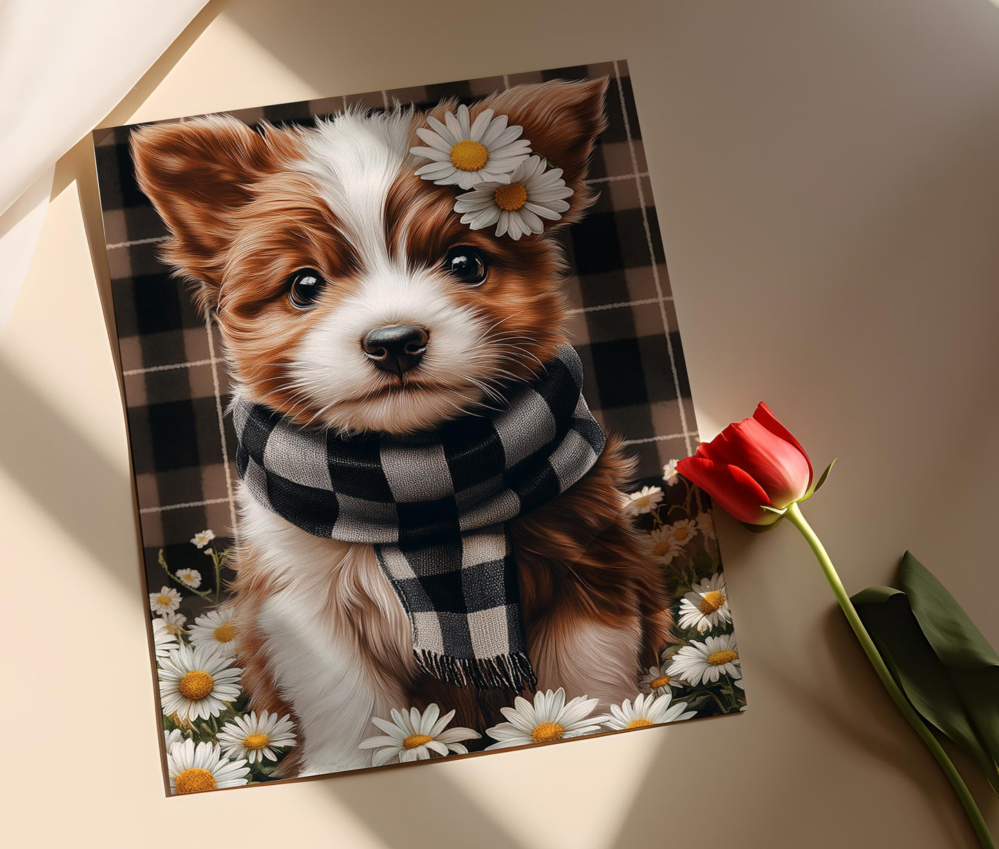 Affiche Adorable Chien – Art de Chiot avec Marguerites et Écharpe à Carreaux