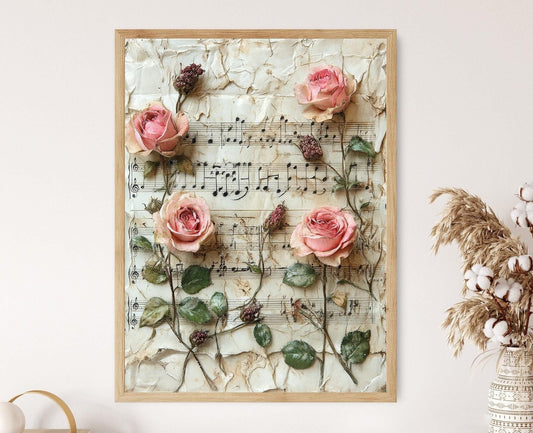 Affiche Vintage Rose et Partition Musicale – Décor Floral Romantique