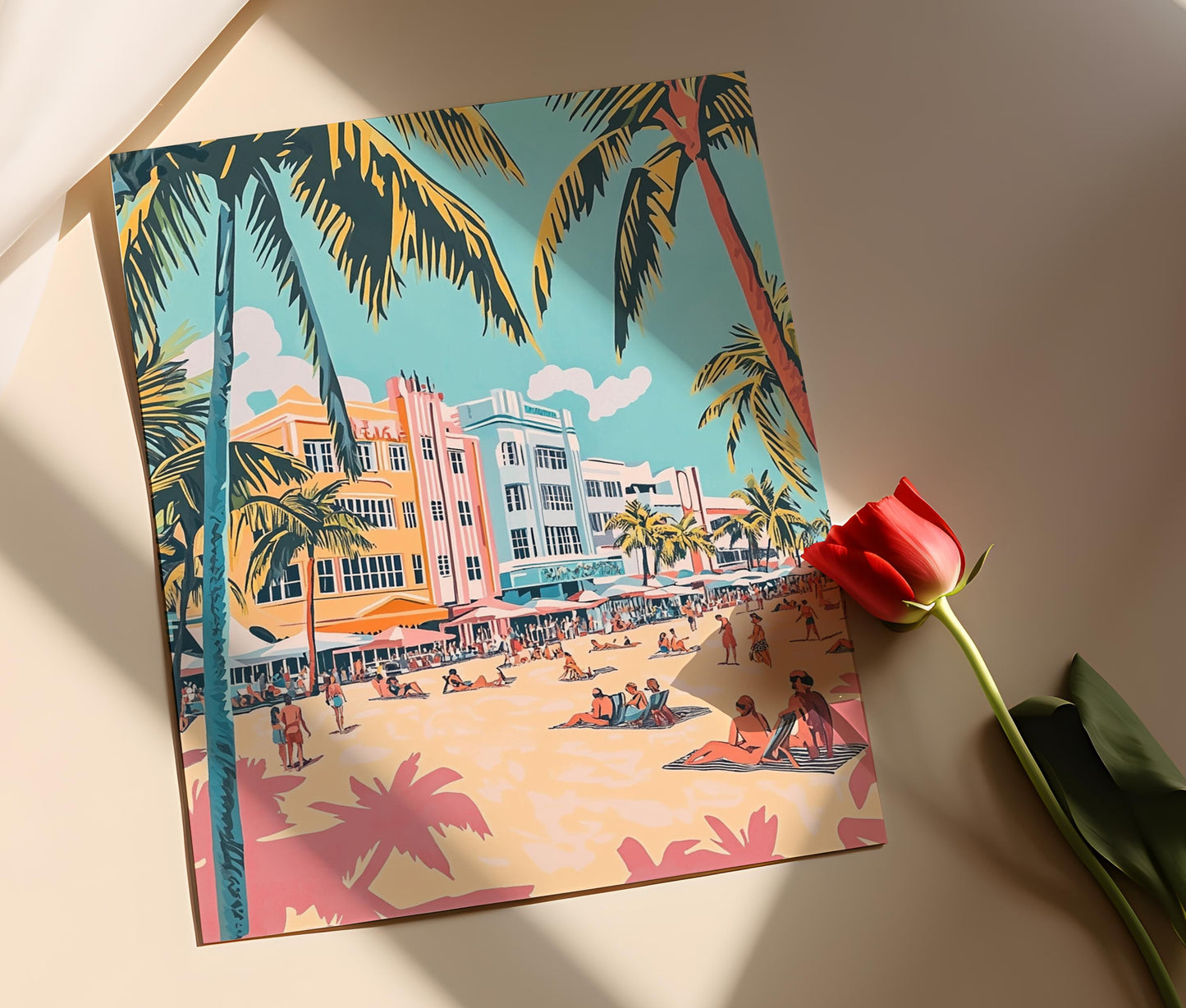 Affiche Art Déco de South Beach – Impression Pastel Palmiers