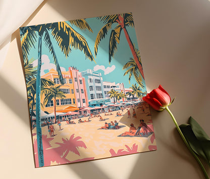 Affiche Art Déco de South Beach – Impression Pastel Palmiers