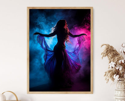 Affiche Danseuse Orientale – Impression Art avec Fumée Néon Rose et Bleue