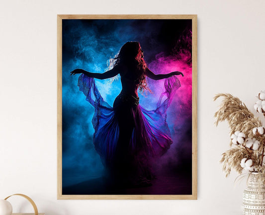 Affiche Danseuse Orientale – Impression Art avec Fumée Néon Rose et Bleue