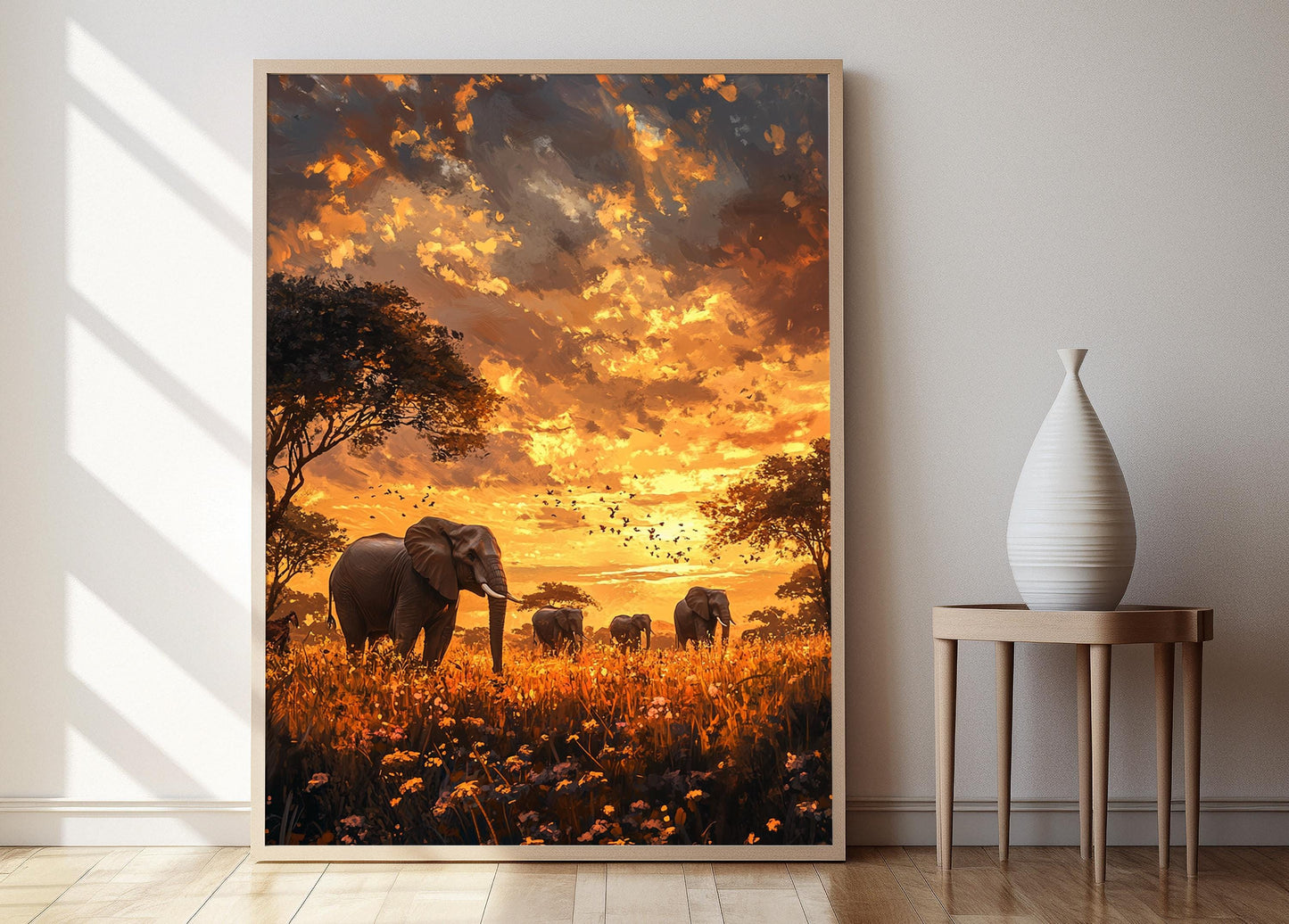 Affiche Gorongosa – Illustration Élégante d'Éléphants en Savane