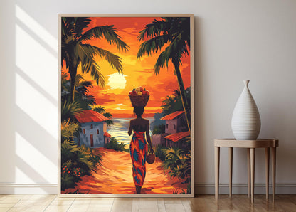 Affiche Femme Tahitienne – Illustration de Fruits Tropicaux en Décor Polynésien