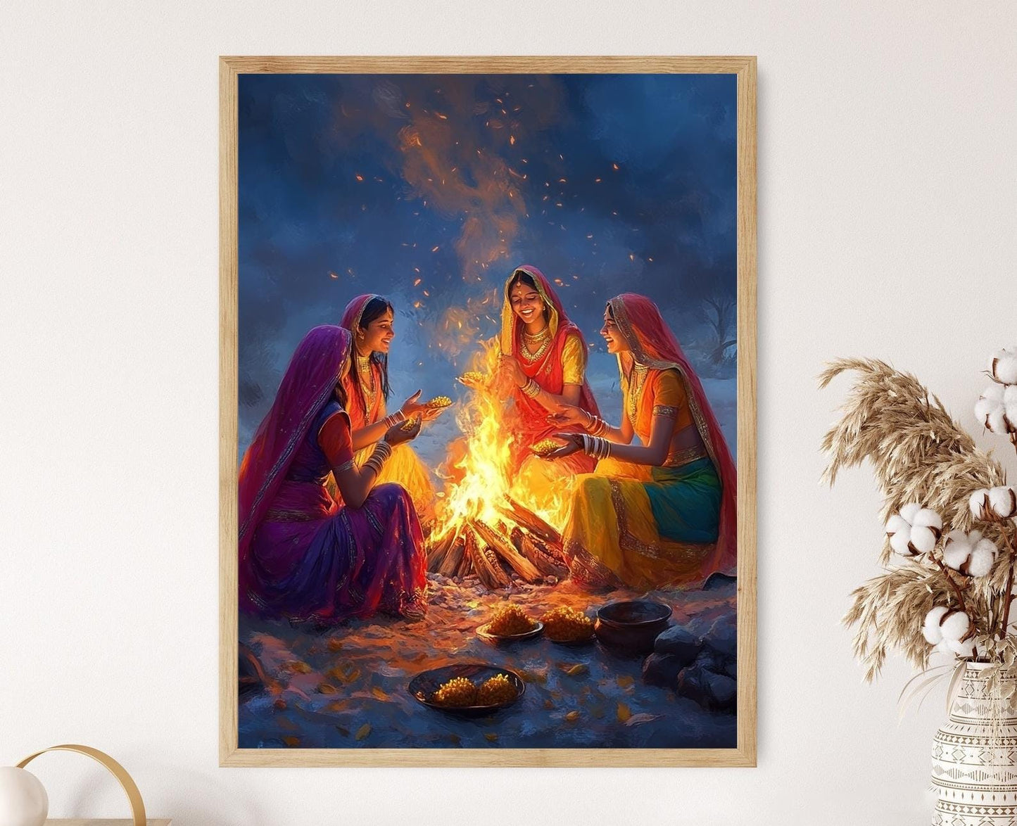 Affiche Lohri Punjabi – Art Print Femme Chantant au Feu de Joie