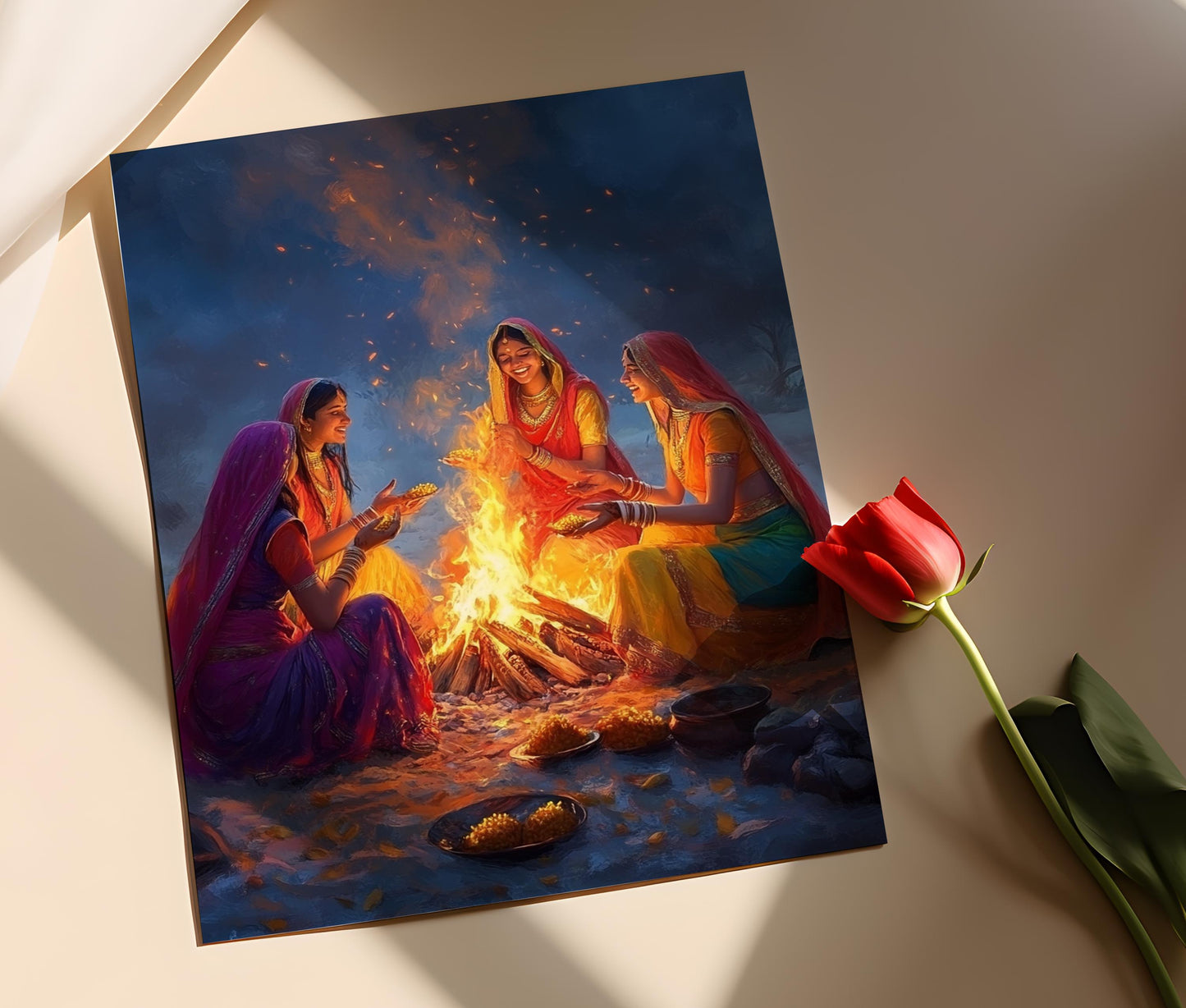 Affiche Lohri Punjabi – Art Print Femme Chantant au Feu de Joie