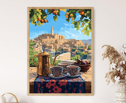 Affiche Café à Erbil – Poster Art Héritage Culturel Irakien, Vue sur la Citadelle