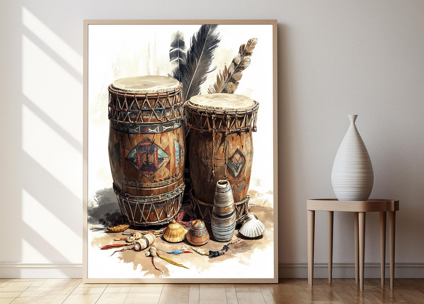 Affiche Tambour Cérémonial Africain – Illustration Symbole Tribal & Perles