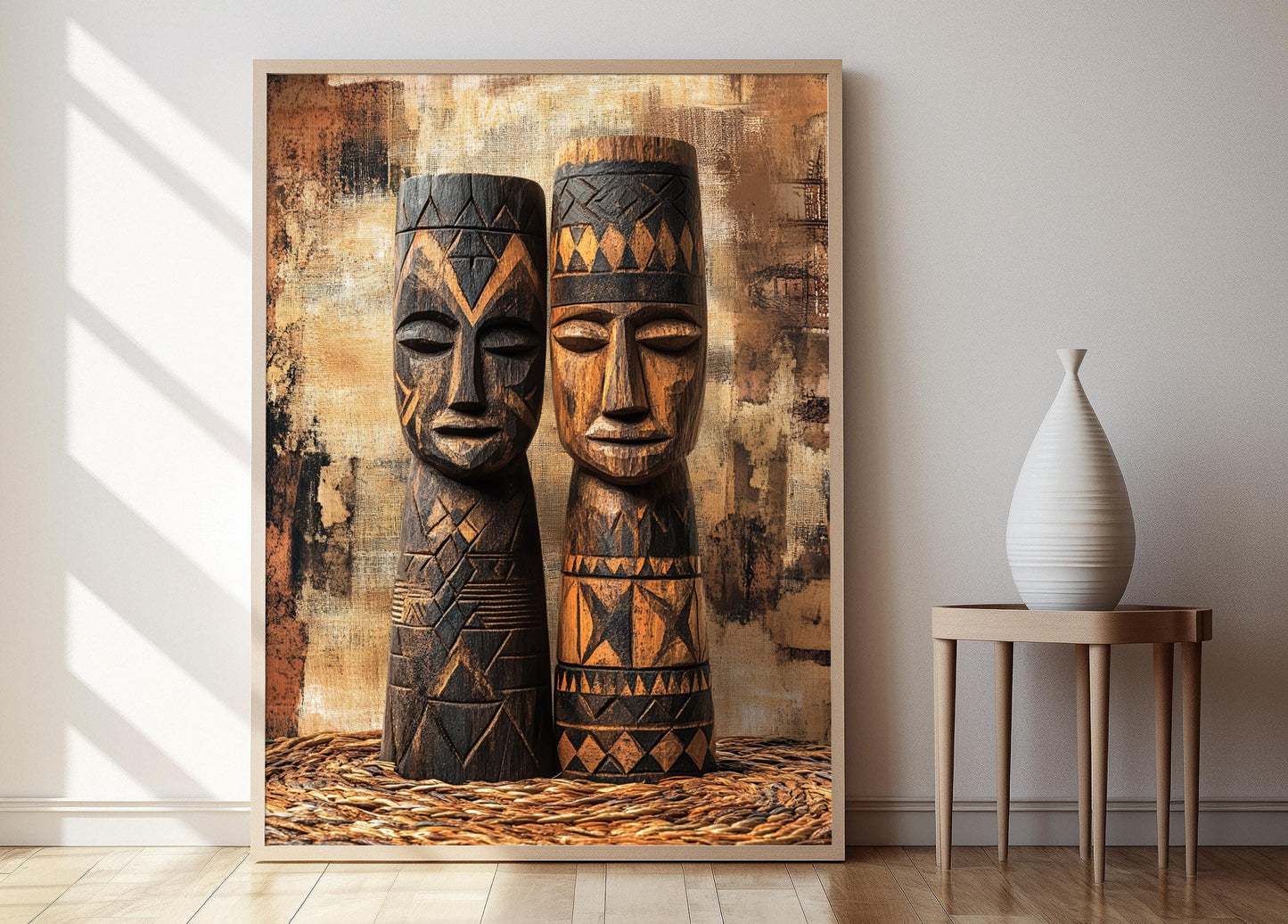 Affiche Tête Africaine Traditionnelle – Impression Art de Bois Sculpté