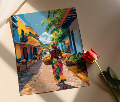 Affiche Femme Jamaïcaine avec Fruits – Illustration Marché Tropical