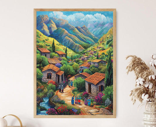Affiche Village Kurde – Poster Décoratif Vibrant du Kurdistan