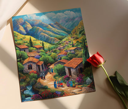 Affiche Village Kurde – Poster Décoratif Vibrant du Kurdistan