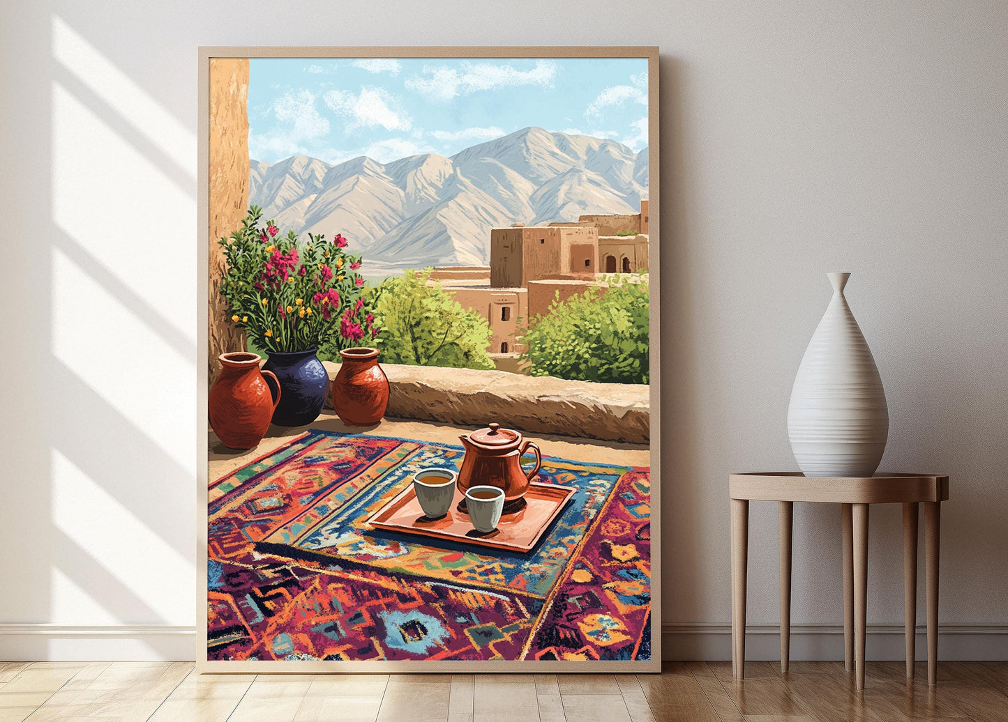 Affiche Kerman – Illustration de toit, tapis kilim et art en cuivre