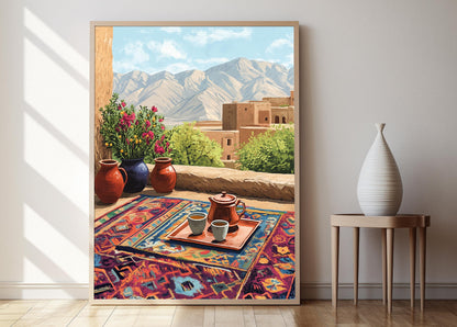 Affiche Kerman – Illustration de toit, tapis kilim et art en cuivre