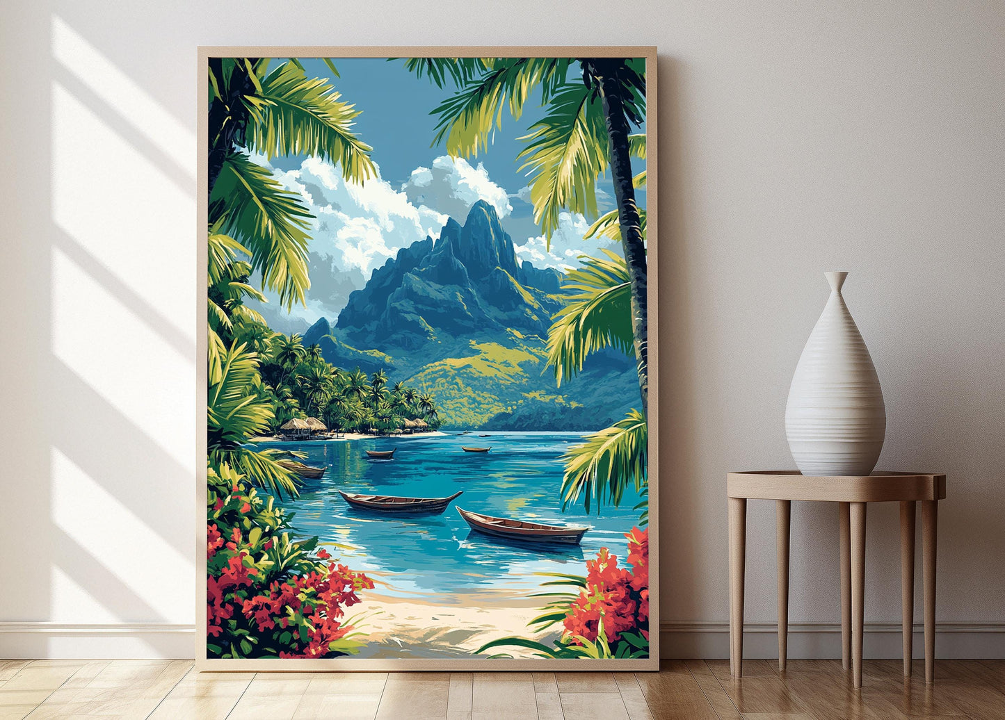 Affiche Mont Otemanu – Illustration Bora Bora, Canoë et Décor Tropical