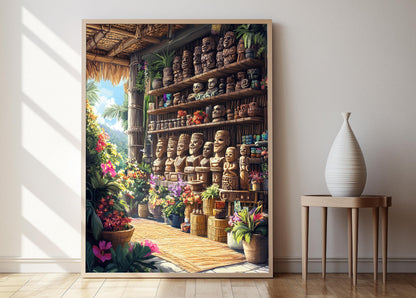 Affiche Tiki – Illustration de Sculptures en Bois Tahitiennes