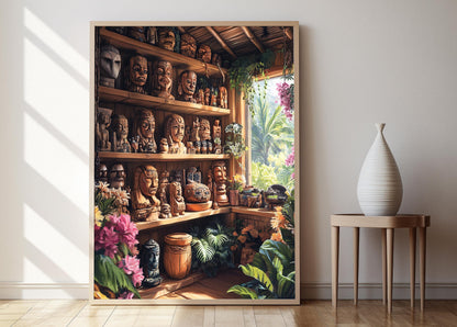 Affiche Tiki Hawaïen – Illustration en Bois Sculpté, Décor Insulaire