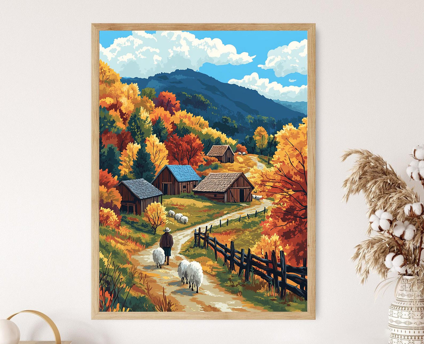 Affiche Village Montagnard en Automne – Poster Art Rustique Scénique