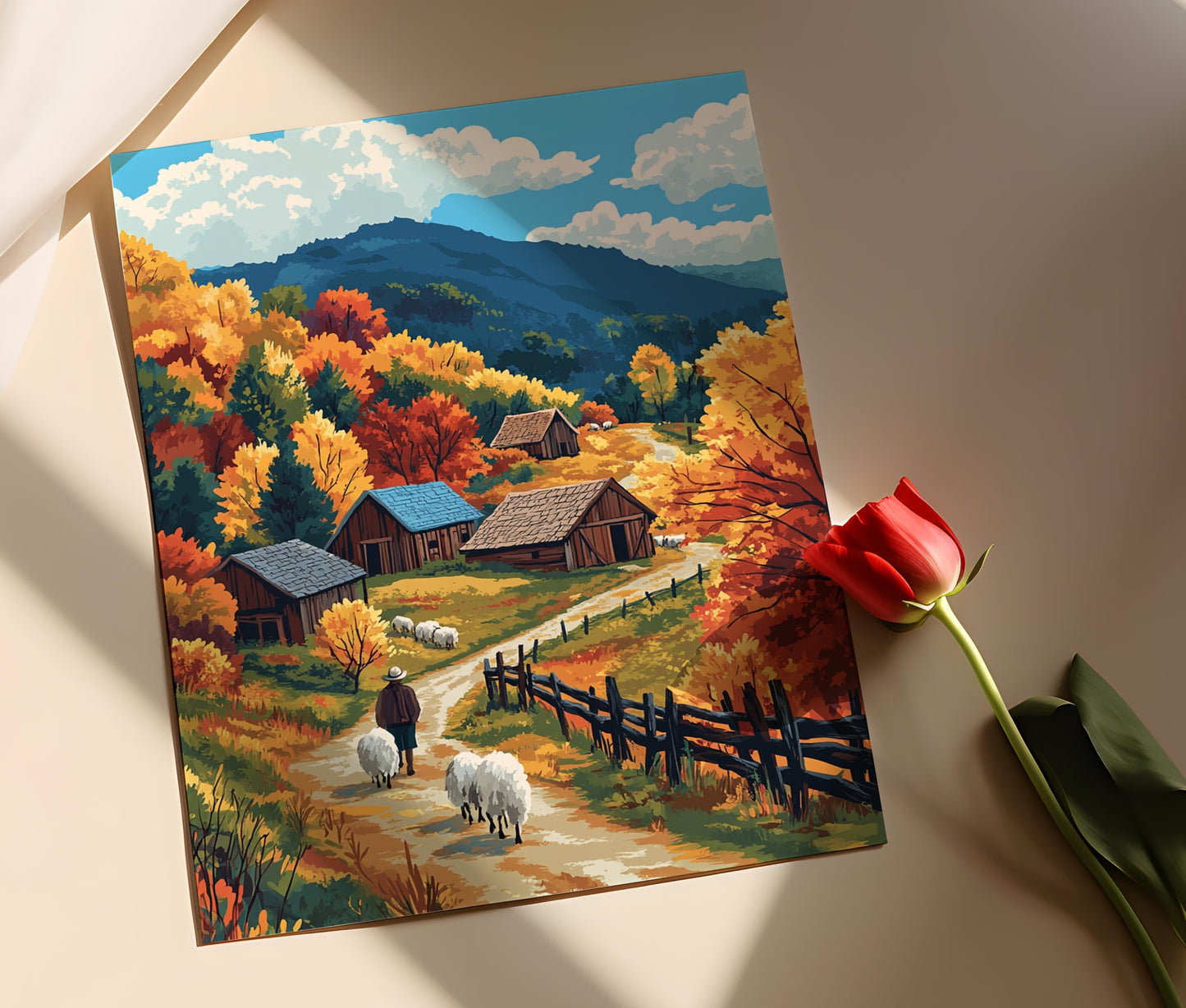 Affiche Village Montagnard en Automne – Poster Art Rustique Scénique