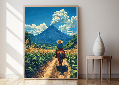 Affiche Fermier Nicaraguayen à Cheval – Art Imprimé Volcan & Canne à Sucre