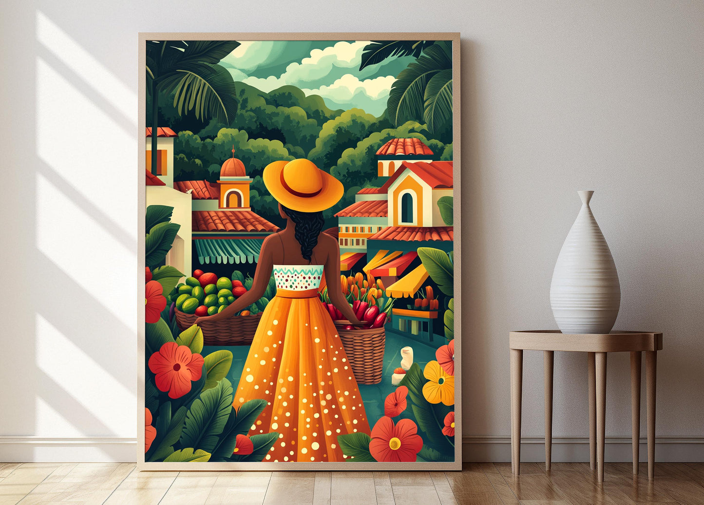 Affiche Femme Trinidadienne avec Panier – Illustration de Marché Vibrant