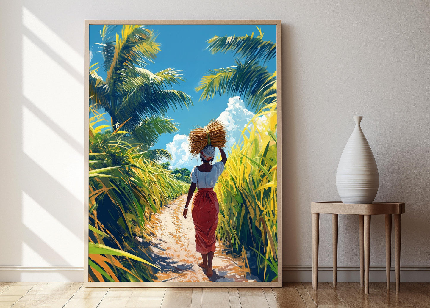 Affiche Femme Barbadienne avec Canne à Sucre – Illustration Tropicale