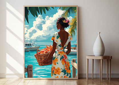 Affiche Femme Bahaméenne – Poster Art de Panier de Fruits de Mer