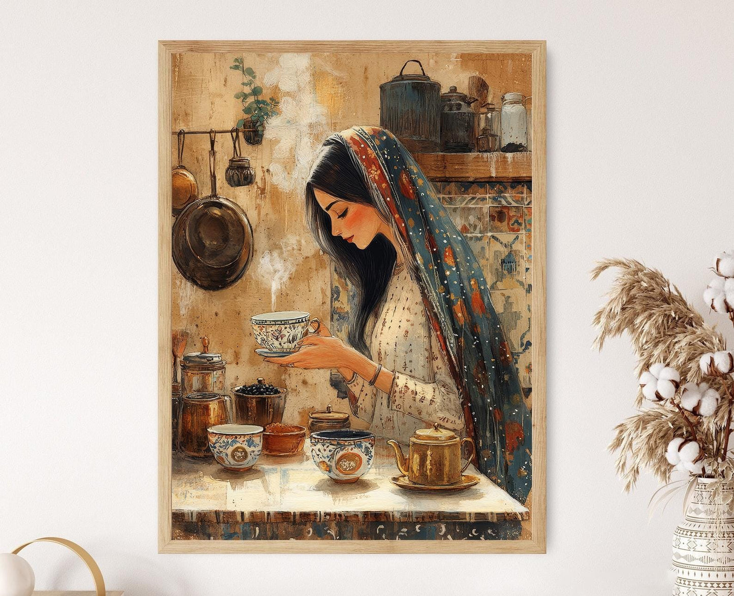 Affiche Thé Noir Kurde – Imprimé d'Art avec Tasses Ornées en Cuisine Rustique