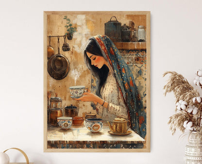 Affiche Thé Noir Kurde – Imprimé d'Art avec Tasses Ornées en Cuisine Rustique