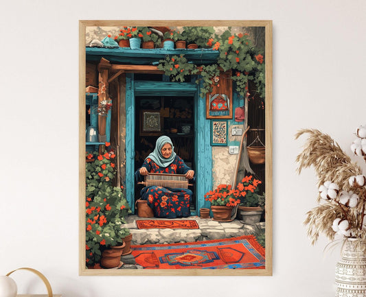 Affiche Femme Kurde Tissant un Kilim Irakien – Cadeau du Moyen-Orient