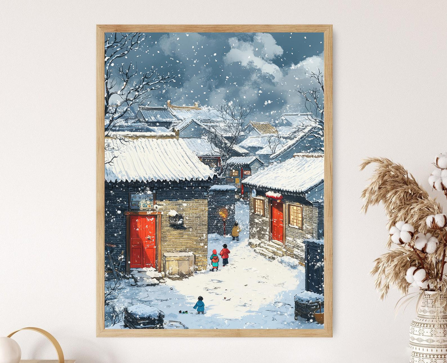 Affiche Hiver Hutong – Poster Scène en Neige avec Portes Rouges